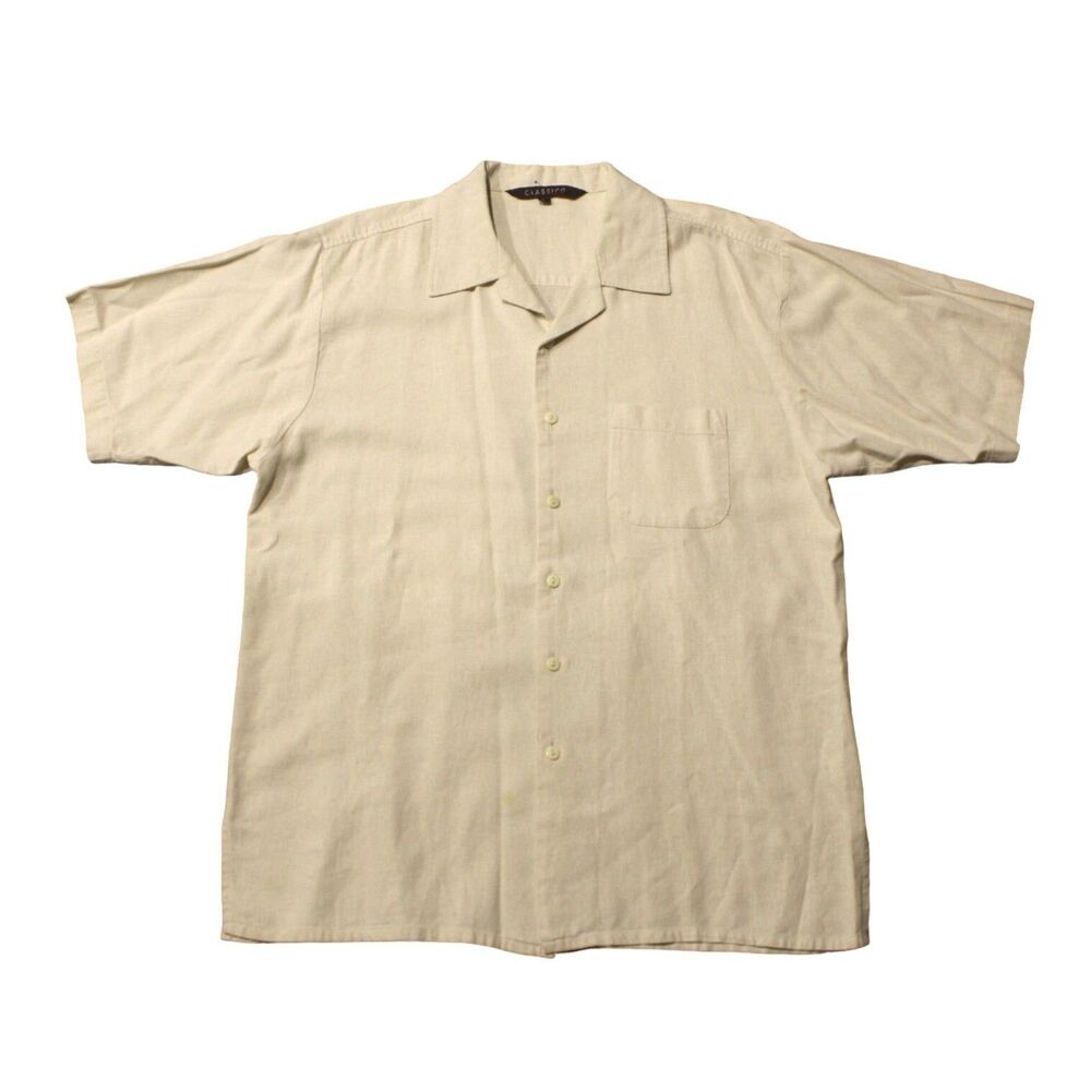 Classico Men's Cream/Off-White Size Large Button Down Shirt 55% Linen & Rayon